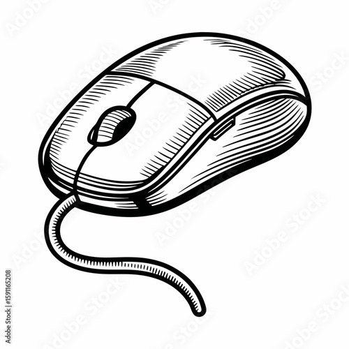 Hand-drawn wired computer mouse with scroll wheel in black and white sketch style on white background, representing digital navigation, computer accessory, and input device
