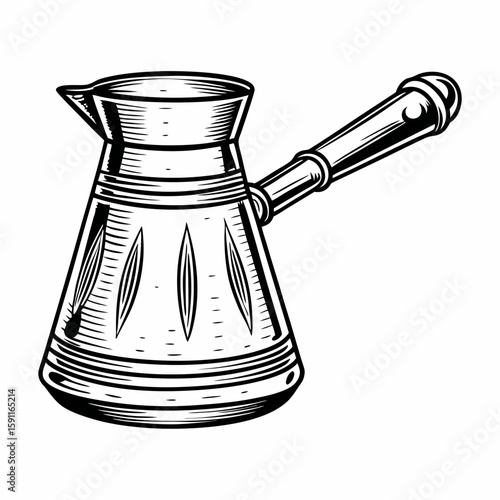 Hand-drawn cezve coffee pot with long handle in black and white style on white background, representing traditional brewing method and Middle Eastern drink culture
