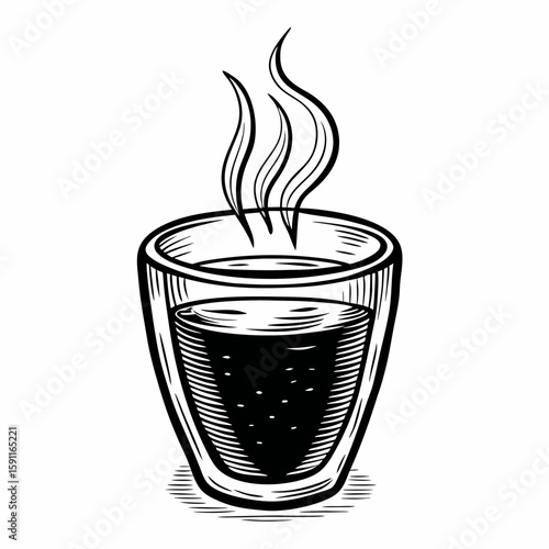 Hand-drawn steaming coffee cup in black and white sketch style on white background, representing warm beverage, morning energy, and comforting drink ritual
