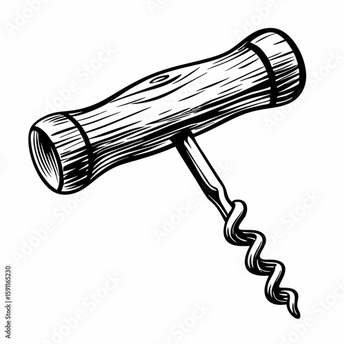 Hand-drawn corkscrew with wooden handle in black and white style on white background, representing wine bottle opener, kitchen tool, and traditional bar accessory
