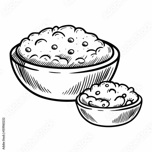 Hand-drawn bowl of porridge with grains in classic line art on white background, representing warm breakfast, healthy eating, and traditional morning meal
