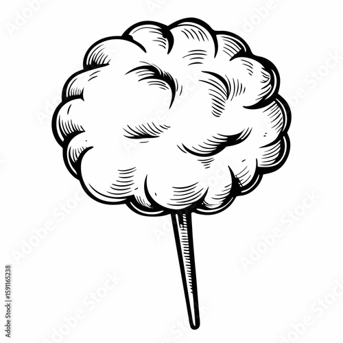 Hand-drawn cotton candy on stick in black and white sketch style on white background, representing sweet dessert, fairground treat, and nostalgic childhood snack
