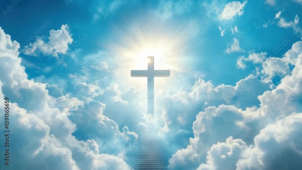 A heavenly scene with a cross illuminated by sunlight, surrounded by clouds. Captured from a low angle, perfect for a spiritual video backdrop. Live desktop wallpaper.