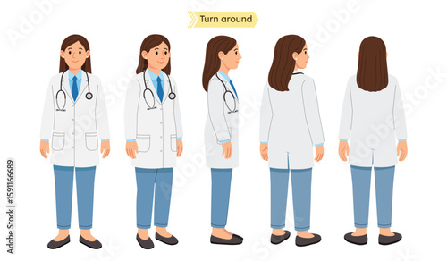 Female Doctor Character Turnaround – Front, Side, 3/4, and Back View for Animation and Design
