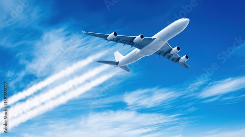 Airplane climbing into a clear blue sky, leaving white contrails against a backdrop of soft clouds.