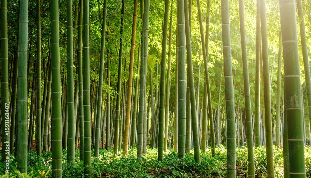 Fototapeta premium Lush bamboo forest bathed in sunlight (2)