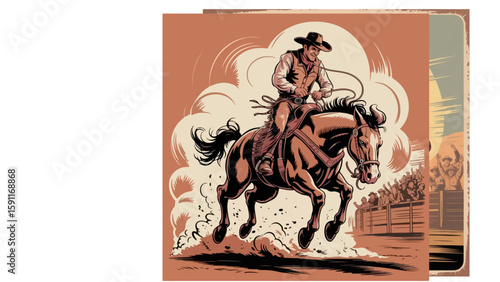 Vintage Rodeo Poster – Cowboy Riding Bucking Bronco in Action

