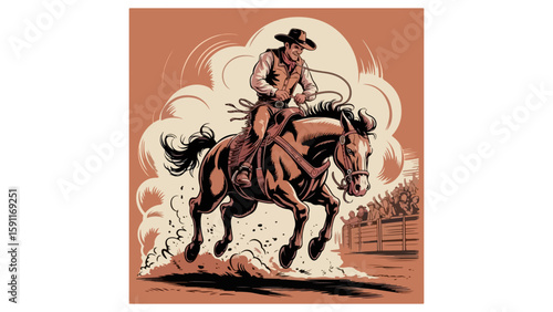 Vintage Rodeo Poster – Cowboy Riding Bucking Bronco in Action

