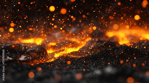 Fiery, glowing particles on dark surface