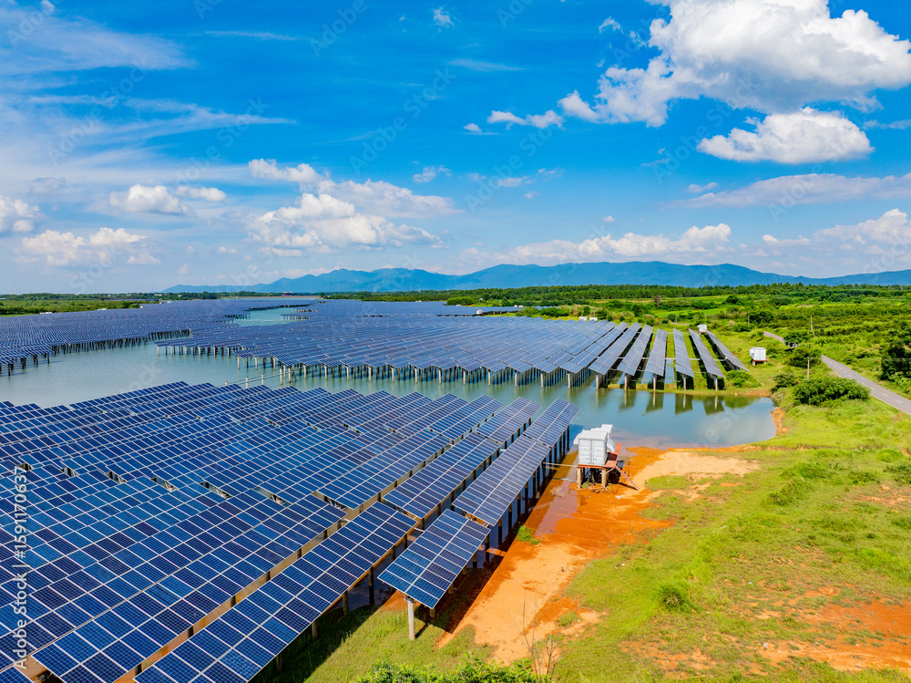Fototapeta premium Photovoltaic panels aerial photography on water