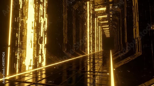 A futuristic corridor glows with gold light, illuminating textured walls and floor towards an unknown end. Abstract geometric architecture