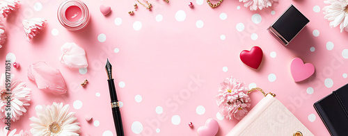 romantic gift flatlay romantic pink stationery background, valentine desk flatlay with gifts, love themed writing paper background valentine writing background pastel love letter scene for  banner