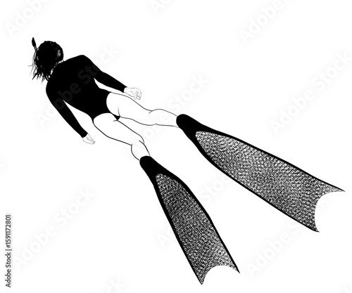 black and white illustration of female skin diver