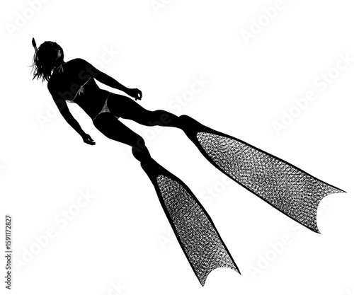 black and white illustration of female skin diver