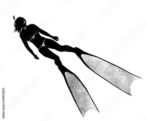 black and white illustration of female skin diver