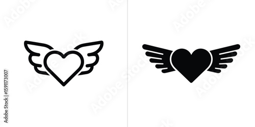 Two Black Heart Icons with Wings Isolated on White Background, Love Symbol