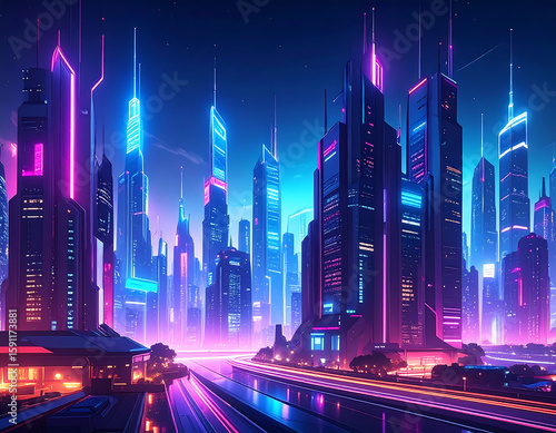 Futuristic cityscape glows with neon lights, showcasing tall buildings and vibrant energy.