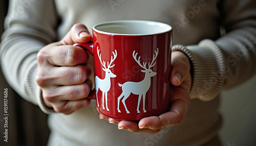  Close-up of man's hand holding red Christmas mug with deer print


