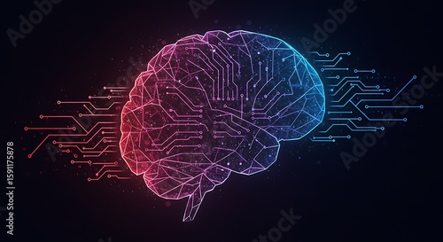 Bipolar Digital Consciousness Glowing Red and Blue Polygonal Circuit Brain.