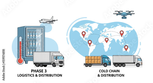 Depicts the cold chain logistics process, including refrigerated storage, distribution trucks, airplanes, drones, and a global map illustrating worldwide delivery.