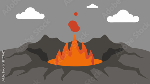 Vector illustration of a tranquil mountain landscape at sunset with a lone tree silhouetted against an orange sky