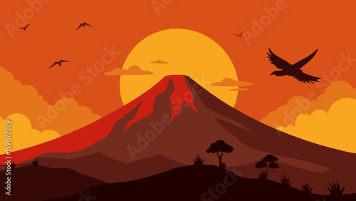 Sunset desert landscape illustration with silhouetted mountains, a lone tree, and a vibrant orange sky at dawn