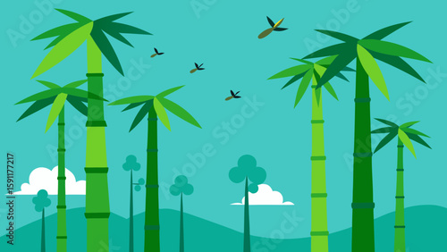 A vibrant vector illustration captures the essence of a tropical summer, with lush green palm leaves and bamboo branches reaching towards a clear sky, creating a serene natural landscape