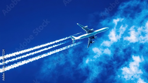 Airplane climbing into a clear blue sky, leaving white contrails against a backdrop of soft clouds.