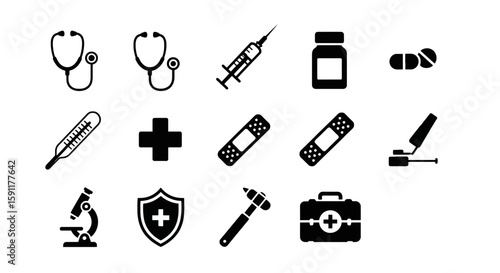 Medical icons collection features stethoscope, syringe, pills, microscope, thermometer, shield, and other healthcare essentials in black silhouette for medical designs