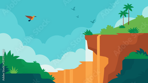 A vibrant landscape illustration captures the essence of nature with green trees, a clear sky, and a flowing river, evoking a serene summer season