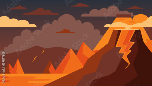 Warm desert landscape with silhouetted mountains, a lone tree, and a vibrant orange sunset over the horizon, featuring abstract clouds reflected in still water