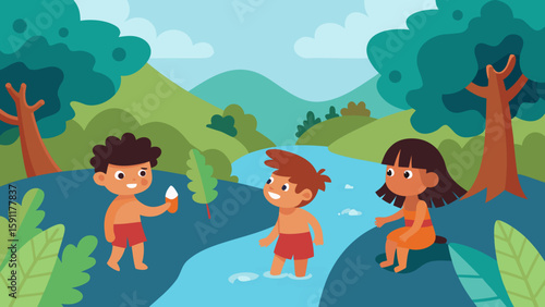 Playful cartoon kids and a dog are jumping with happiness in a summer park