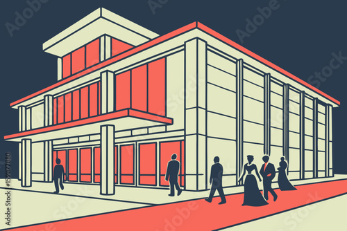 Nighttime at the Holland Performing Arts Center with glowing modern architecture and formally dressed guests arriving for a symphony