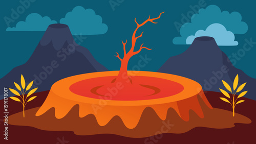 Sunset over mountains with a single tree silhouette, reflecting in the river under an orange sky, capturing the essence of a tranquil nature landscape design