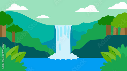 A vibrant cartoon illustration of a summer landscape with green trees, a blue sky, and rolling hills