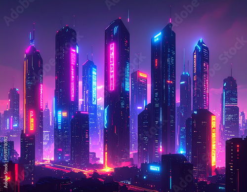 Futuristic cityscape featuring towering skyscrapers illuminated with vibrant neon lights against a colorful twilight sky.