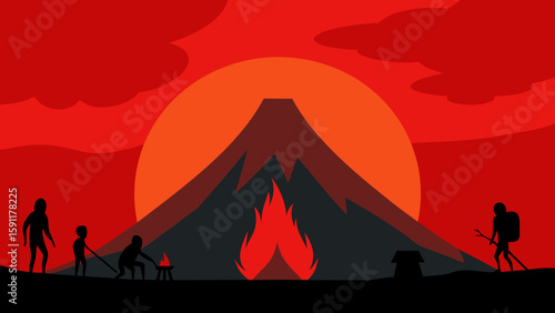 Sunset vector illustration of Egyptian desert landscape with silhouetted pyramids, mountains, and camels under an orange sky