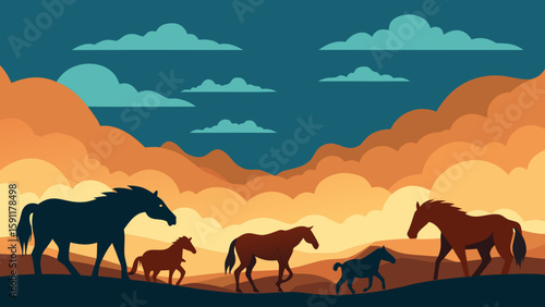 A solitary camel, silhouetted against a vibrant desert sunset, treks across a vast, sandy dune landscape, an iconic illustration of wild nature and travel