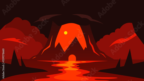 Vector sunset desert landscape with pyramids and a lone tent under a red sky