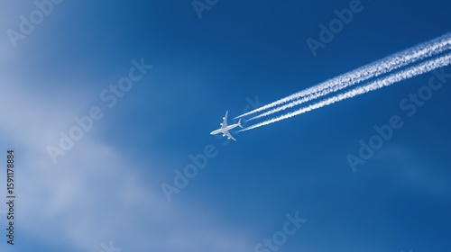 Airplane climbing into a clear blue sky, leaving white contrails against a backdrop of soft clouds.