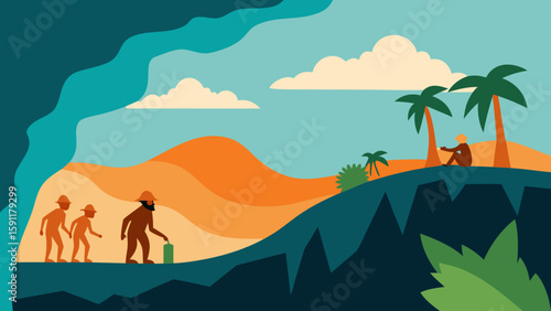 Camel silhouettes traverse a vibrant desert landscape under an orange sunset, with a distant oasis reflecting the sky