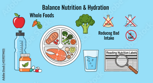 Balanced diet illustration featuring fruits, vegetables, water, and healthy meal plate showcasing nutrition and hydration for wellness and a healthy lifestyle