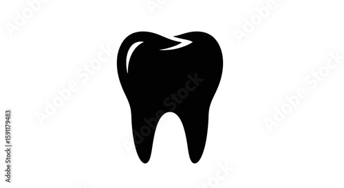 Black dental tooth graphic shines on a clean white backdrop, illustrating oral health and dentistry in a simple yet striking design.