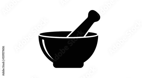 Black and white graphic illustration of a mortar and pestle, suitable for culinary, medical, or apothecary designs.
