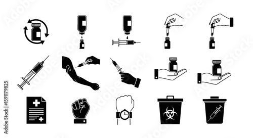 A set of black and white medical icons representing vaccination, injection, blood test, biohazard waste, and time-sensitive medicine concepts.