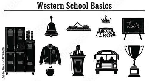 A collection of school essentials in black silhouette showcases lockers, a bell, lunch, prom decorations, a chalkboard, a jacket, an apple, a podium, a bus, and a trophy.