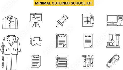 This minimal outlined school kit illustration features a variety of educational icons, including a suit, presentation board, pushpin, computer, books, exams, and science lab equipment, perfect for bac