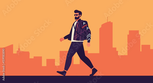 Stylish bearded man strolls through city at sunset, urban backdrop.