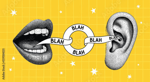 Communication concept illustration with mouth ear and blah text on yellow background for social media
