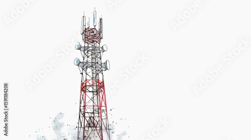 A telecom tower rises, showcasing its antennas for mobile networks and signal transmission, depicted in a painted style.